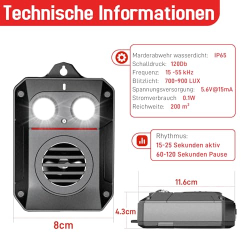 MEKEET Marderschreck Auto, Ultraschall Marderabwehr Marderschreck Mit Blitzlicht Im Motorraum 12V Autobatterie & AA-Batterie & USB Marderschutz für Auto, Garten, Haus, Dachboden Gegen Marder Mäuse