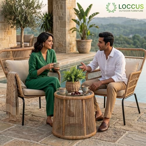 Image of LOCCUS 3-Piece Patio Bistro Set - Outdoor Woven Rope Balcony Furniture with Glass Top Table & Cushioned Chairs for Backyard, Balcony, Porch & Lawn (Beige & Cream) Comfortable Outdoor Seating Suitable