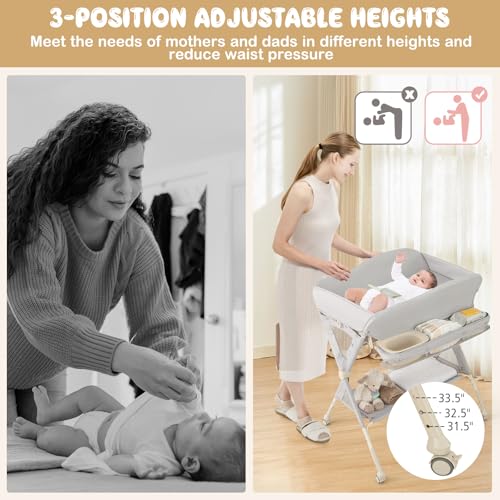Image of HONEY JOY Changing Table, Folding Mobile Diaper Nursery Organizer w /Wheel, 3 Adjustable Heights, Storage Bag & Open Shelf, Water Basin, Portable Baby Changing Station for Newborn Infant(Gray)
