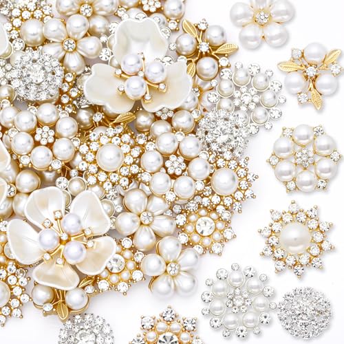 Sureio 45 Pcs White Pearl Rhinestone Brooch Pin Set Crystal Flower Brooches Faux Pearl Embellishments Women Jewelry Wedding Jewelry Making Crafts Bags Shoes Accessory Gift