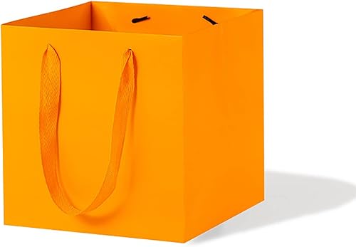 Bolsa de regalo de papel naranja pequeña con fondo cuadrado de papel kraft con asas para boda, baby shower, fiesta de cumpleaños (naranja, 8 x 8 x 8