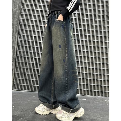 Girls Denim Pants Elastic High Waist Straight Baggy Wide Leg Jeans Teens Kids Casuall Trousers4