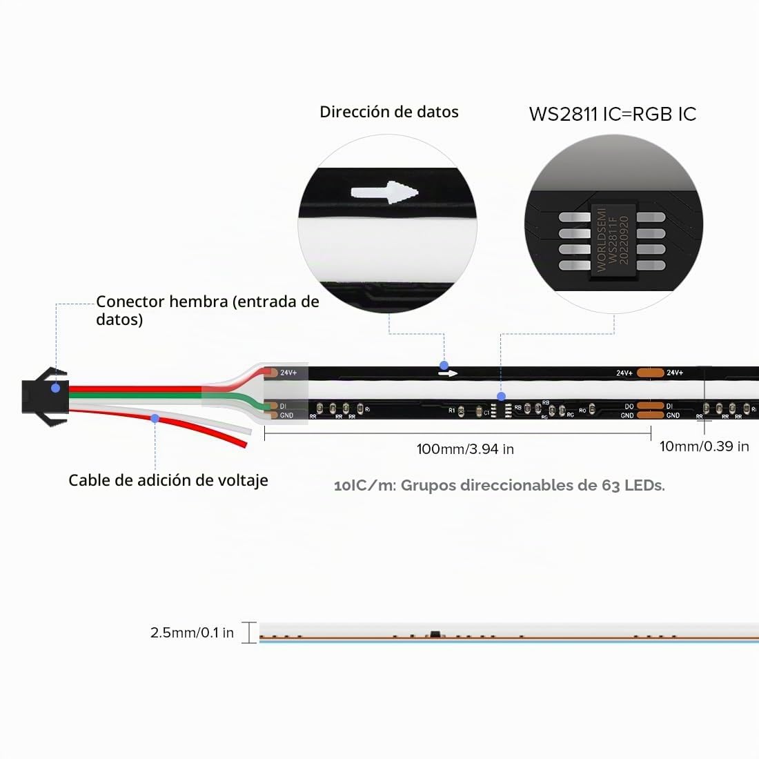 FCOB COB WS2811 IC RGB Direccionable Tira LED 5m DC24V 630LEDs/m 70IC 10mm | Negro PCB Cambio de color Regulable Flexible de Alta Densidad Uniforme para DIY(No Alimentación Controlador)