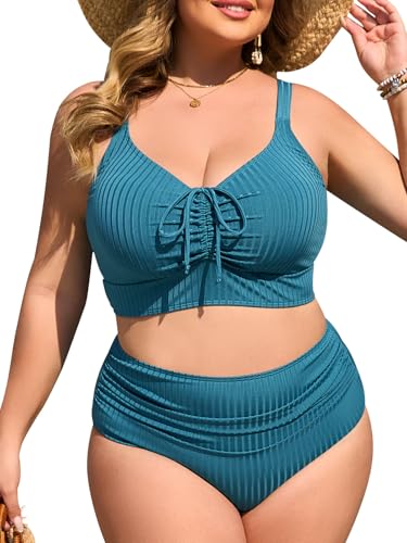 Summer Mae Plus Size Women Ribbed Two Piece Bikini High Waist Swimsuit Ruched Tummy Control Bathing Suit Swimwear