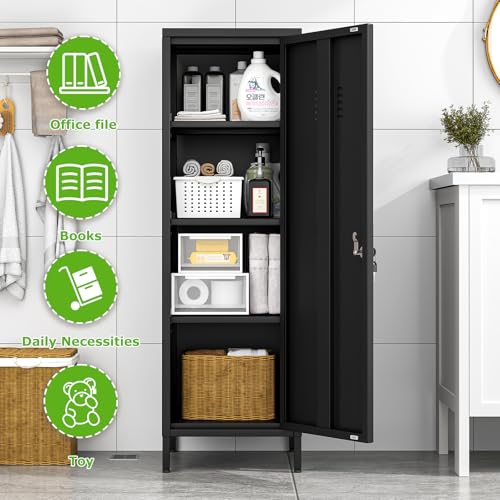 Image of PAOFIN 47 inch Metal Storage Locker, Lockable Employees Metal Locker with Door and Adjustable Shelves, Steel Locker for Home, School, Office, Gym (Black)