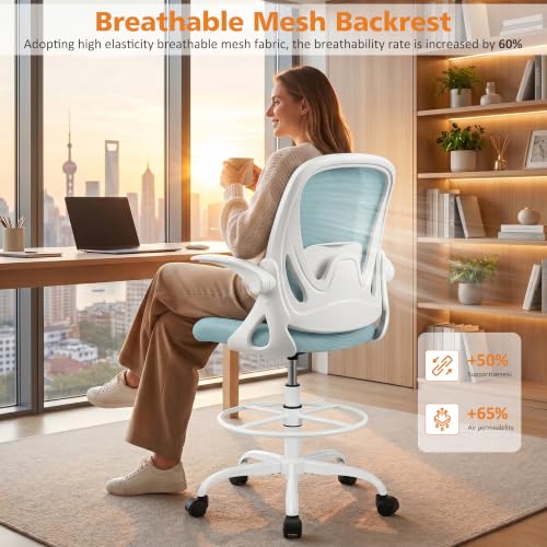 Image of Drafting Chair Tall Office Chair with Flip-up Armrests, Adjustable Height, and Enhanced Lumbar Support - Ergonomic Rolling Stool, Back Support, and Adjustable Foot Rest Ring Light Blue