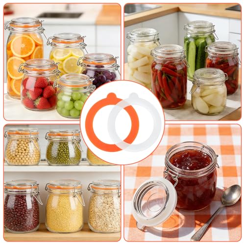 32 Stück Einweckgummi Silikon, Gummiringe für Einmachgläser mit 4 Aufklebern,Einkochringe Dichtringe,Glasdichtungen Ersatz Einmachgummiringe Auslaufsicher, Einachgummis für Gläser Deckel (Orange,Weiß)