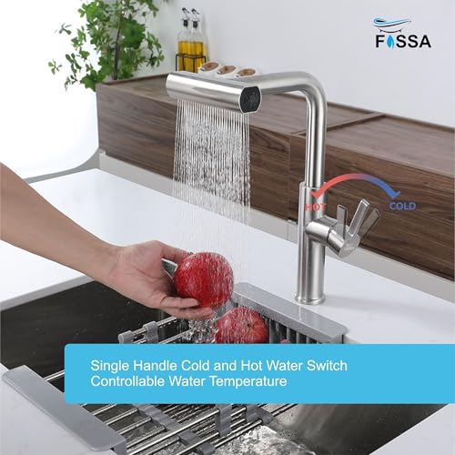 Image of Fossa Pull-Out Kitchen Faucet | Stainless Steel Sink Faucet with Single Lever Control | Rainfall & Waterfall Flow Modes | 360 Swivel Spout | Pull-Out Spray for Kitchen Sinks Silver (Matte Finish)