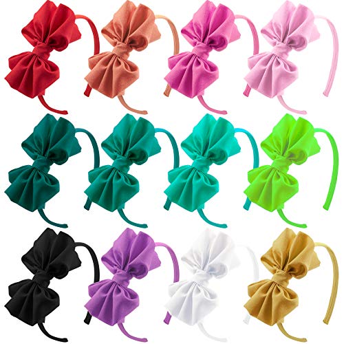 SIQUK 12 Pieces Headband with Bow Grosgrain Ribbon Hair Bow Headbands for Girls, 12 Colors