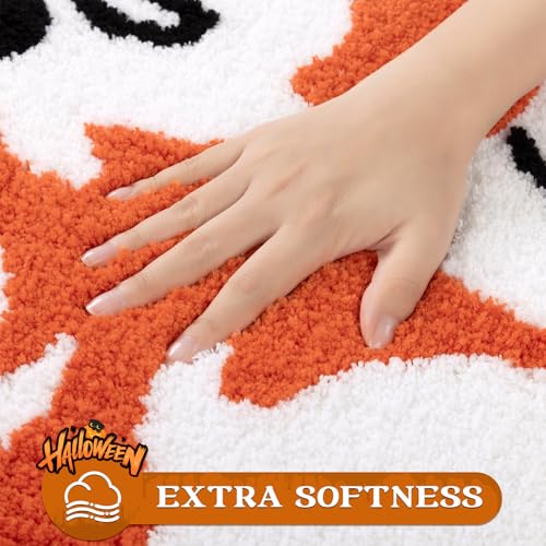 Pauwer Halloween Bathroom Rugs Sets 3 Piece, Fall Microfiber Bath Mats for Bathroom with U-Shaped Contour Toilet Rug, Spooky Soft Absorbent Washable Non Slip Bath Mat Set, Orange Ghost