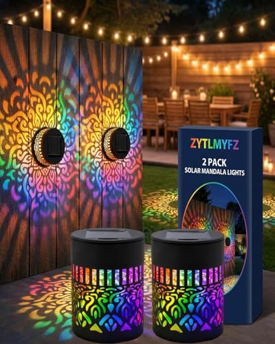 ZYTLMYFZ Solar Mandala Lights Outdoor Wall Powered Projector Light Decorative Projection Color Changing Seven-Color Ambient Glow Metal Hollow Iron Waterproof Garden Fence Patio Yard Mounted(2pcs)