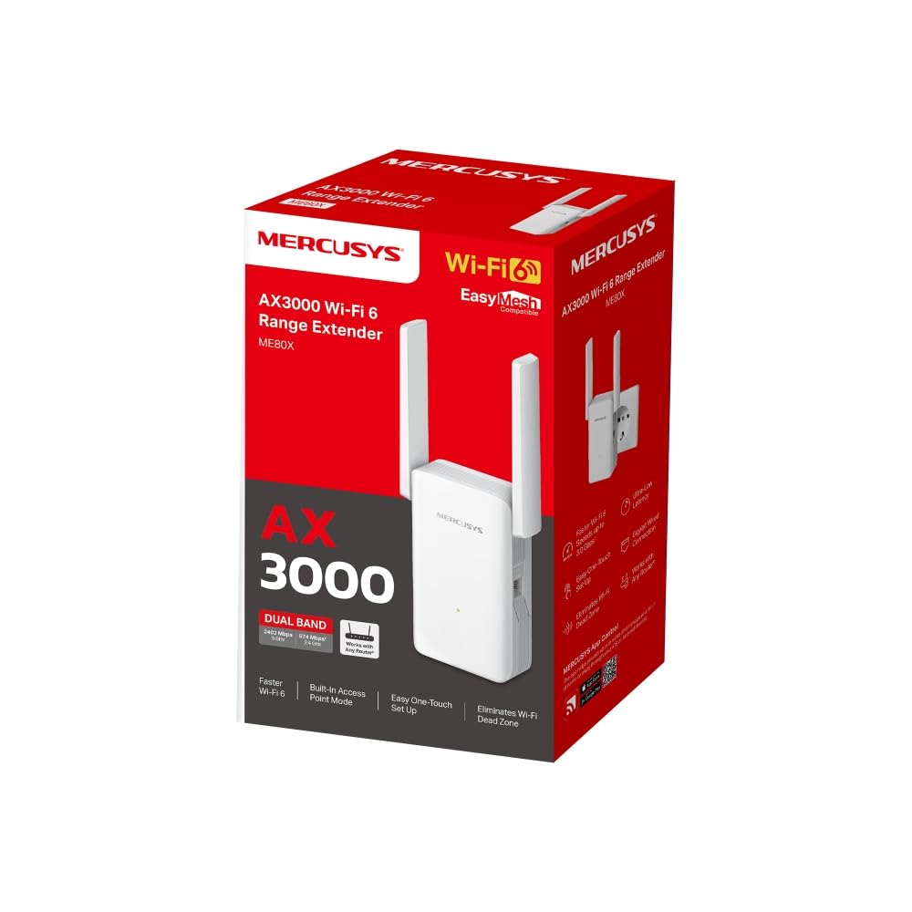 Mercusys ME80X AX3000 WiFi 6 Internet Booster con 2 antenne regolabili ad alto guadagno, WiFi Exender Booster, TP link Wifi Extender, connessione Gigabit cablata, EasyMesh, controllo app, funziona con