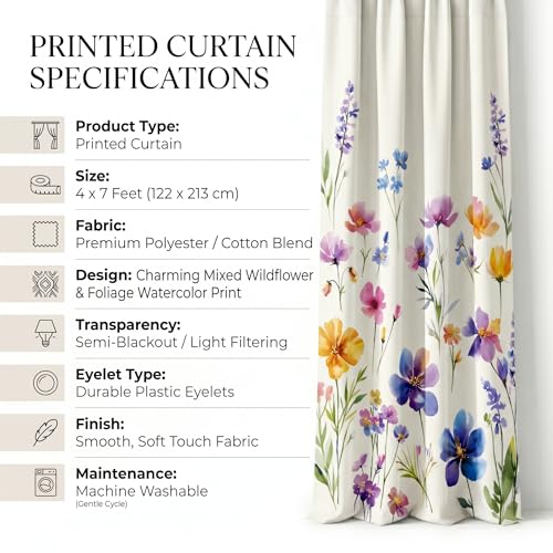 Image of BSB HOME 100% Blackout Curtains Set of 2 for Door & Window, Floral Print Room Darkening Curtains for Living Room, Bedroom & Balcony Privacy Drapes, 7 Feet (121 x 213 cm) - Wildflower Alabaster White