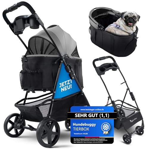 Tierbox Hundebuggy bis 10kg Hundewagen für kleine Hunde klappbar mit QuickFold, Katzenwagen in Grau