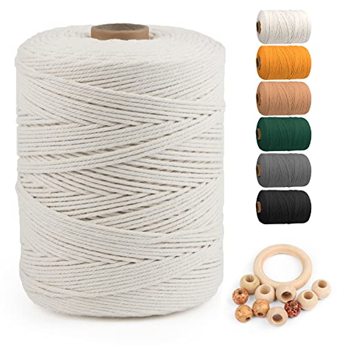 Image of ZUEXT Macrame Cord, Beige White, 3mm x 547yds Cotton String Macrame Yarn | Natural Handmade, 4 Strands Twisted Cotton Rope, for Craft Wall Hanging Weaving Tapestry Dream Catchers Hanger DIY Gift, 500m