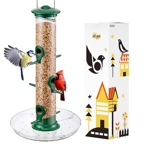 iBorn Vogelfutterspender,Futterstation für Cardinal mit 6 Anflugplätzen,20 cm Futterteller,Vogelfutterhaus aus Aluminium Metall zum Aufhängen,Wildvögel Futtersäule,Futtersilo,Grün-Höhe 38 cm