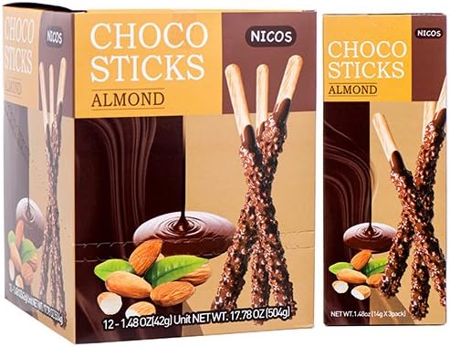 NICOS NICOS Choco Sticks - Almond 42g, Almond, 42 Gram (Pack of 12)