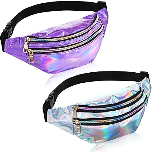 Frienda 2 Pieces Holographic Fanny Pack for Women Colorful Sport Waist Bag Pack(Silver Purple)