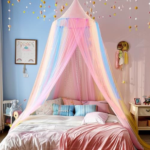 Comtelek Mosquito Net Bed Canopy for Girls,Rainbow Canopy Bed Curtains Full Queen Size from...