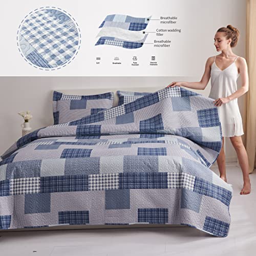 Bedspread Set Queen/Full Size Plaid Quilt Bedding Queen Grey Blue Patchwork Modern Lightweight Quilt Bedspread Home Reversible Coverlet-Soft Polyester 3 Piece Quilt Set Collection #TOP6