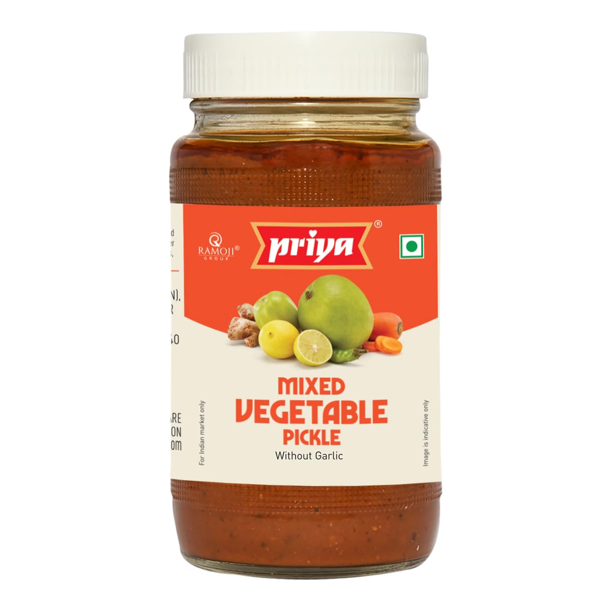Priya Mixed Vegetable Pickle Without Garlic, 500g,Glass Jar- Authentic Telugu Style Achar | Traditional South Indian Taste | Homemade Andhra Pickles | Tangy and Spicy
