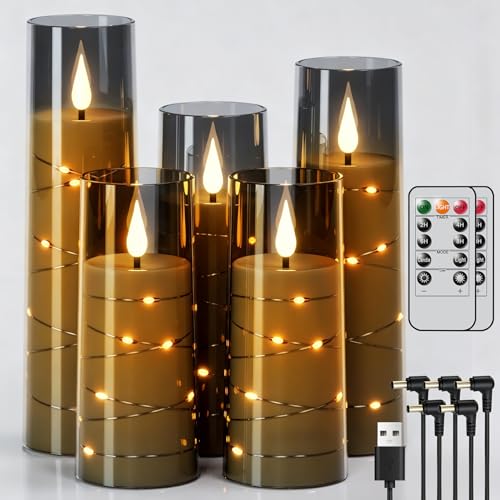 Image of Rechargeable Flameless Flickering Candles String Lights Battery Operated with Remote and Timer Plastic Glass 3D Wick LED Pillar Candle Dinner Christmas Holiday Decor(2.3 inchD x 5 inch, 6 inch, 7 inch, 8 inchH)