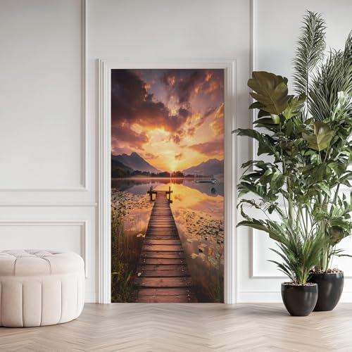 Sticker Porte Trompe l’Oeil Montagne Lac Passerelle en Bois 90x200cm, 3D Coucher de Soleil Autocollant Porte, Vinyle Imperméable Amovible, Décor Mural...