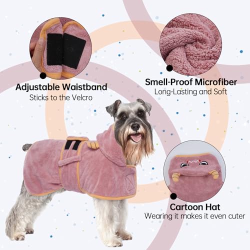 OUOBOB Hundetrocknungsmantel, Hundemantel zum Trocknen von Hunden, rosa Hundetücher für kleine Hunde, Mikrofaser Hunderobe Super mit Kapuze, verstellbare Bauchgurte für Dackel, Yorkie, Chihuahua XS