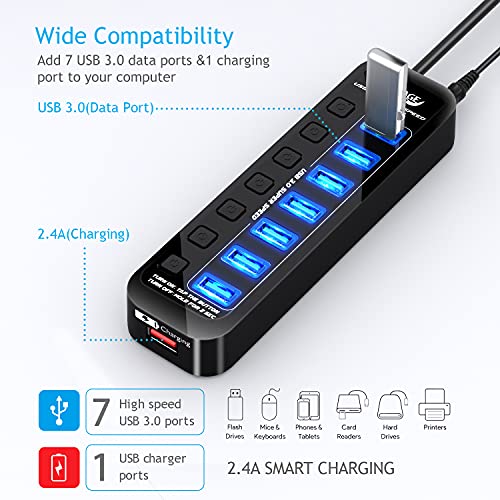 Apanage-Powered-USB-30-Hub-8-Port-USB-30-Hub-Splitter-with-7-USB-30-Data-Ports-and-1-Smart-Charging-Port-with-Individual-OnOff-and-5V4A-Power-Adapter-USB-Extension-for-MacBook-Mac-Pro