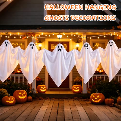 Plamerx 6 Pcs Halloween Hanging Ghosts, 27.5'' Flying Ghost for Outdoor Front Yard Porch Patio Lawn Garden Trees Holiday Party Décor Halloween Decorations - image 8