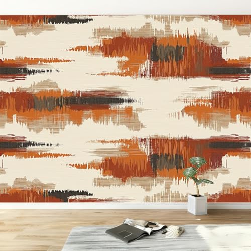 Papel pintado panorámico moderno shabby chic para salón dormitorio comedor - Mural decorativo artístico abstracto tonos tierra rayas papel pintado no tejido fotográfico 200An x 140Al cm