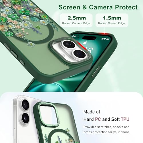 Image of Magnetic for iPhone 16 Case with for Women Girls, Green Floral | Pretty Oil Painting Flower Pattern Design [Compatible with MagSafe] Shockproof Slim Translucent Matte Non-Slip Cover