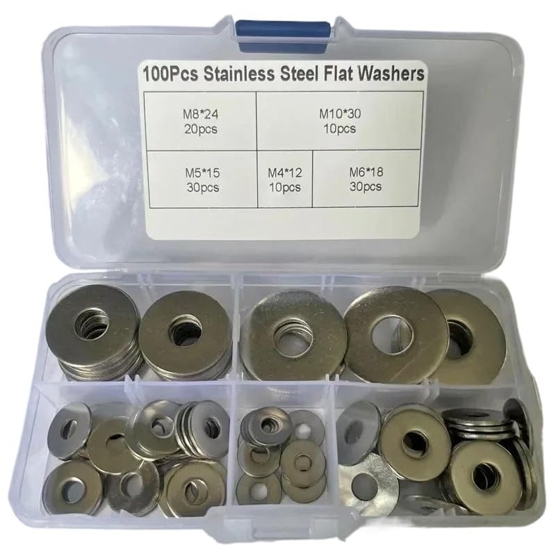100-teiliges Set mit großen Unterlegscheiben aus Edelstahl 304, große Unterlegscheiben, Dichtungen, M4, M5, M6, M8, M10, Metallscheiben-Set DIN9021