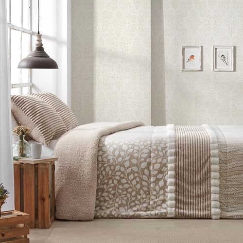 Edredón Sherpa Manterol DOKO Helecho Beige - Suave y Cálido con Reverso de Borreguito, Incluye Fundas de Cojín - Ideal para Invierno (135 cm)