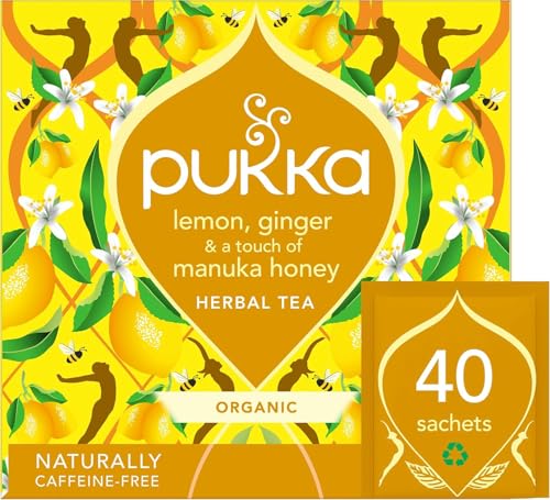 Pukka Herbs Organic Lemon Ginger and Manuka Honey Herbal Tea Box - 40 Plant Based Biodegradable Tea Bags - Immune Boosting Infusion With Turmeric - For Daily Support - Caffeine Free