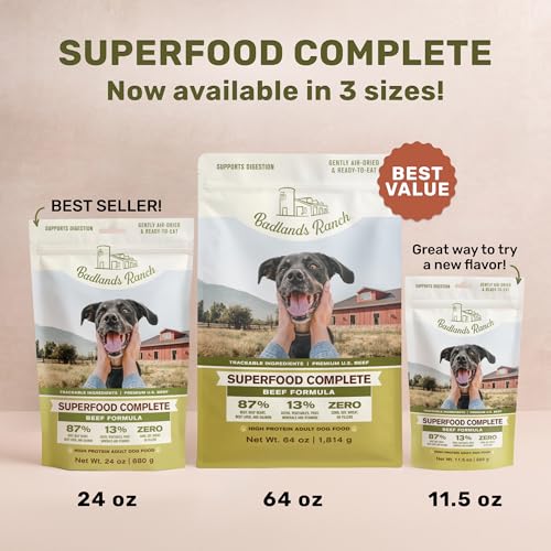 Image of BADLANDS RANCH Air-Dried Beef Dog Food, 87% Real Meat, 11.5 oz | Includes organs & salmon; kibble topper or alternative; adult & senior dogs; no corn, wheat, soy or fillers