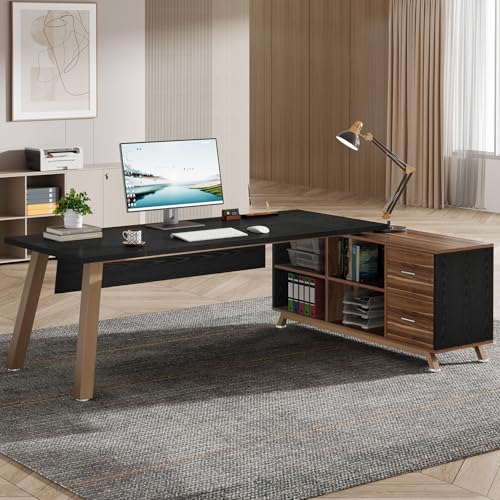 Image of Tribesigns 78.7-Inch Executive Desk, L-Shaped Desk with 55-Inch Cabinet, Large Office Desk with Storage Shelves, Modern Computer Desk for Home Office, Black & Walnut