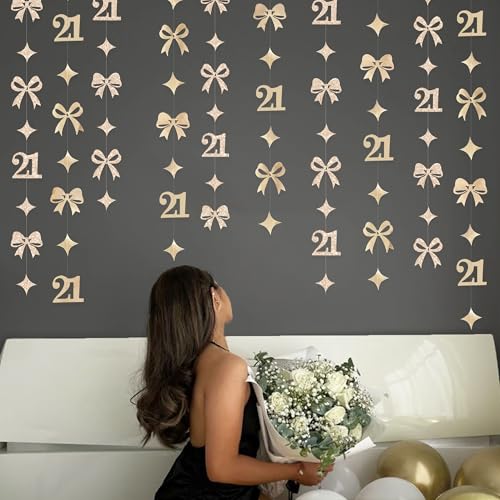 Image of Glitter Champagne 21st Bow Birthday Decorations Champagne Conquette Bow Garland Streamer Banner Backdrop for Girls Happy 21st Birthday Finally Legal Cheers to 21 Years Old Anniversary Party Supplies