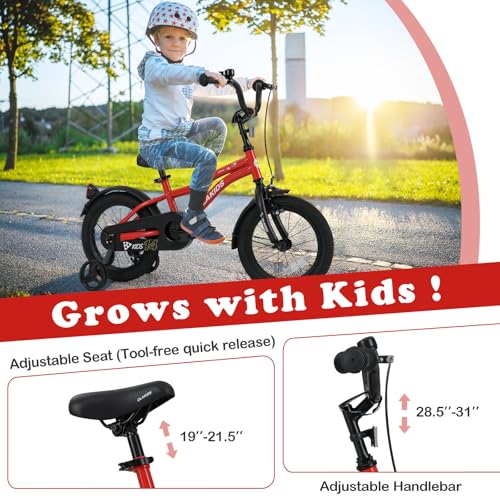 Image of Olakids Kids Bike, 12 14 16 18 Inch Toddlers Bike with Training Wheels Safety Bell Adjustable Seat and Handlebar, Handbrake and Coaster Brake, Children's Bicycle for Boys Girls