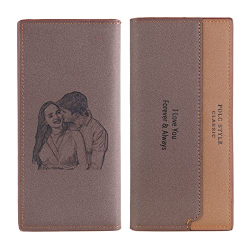 Nobelook Personalized Long Wallets for Men Custon Photo Name Mens Wallets Leather Bifold Minimalist Wallet Engraved Gift for Father Dad Husband Boyfriend Brother Brown Gray