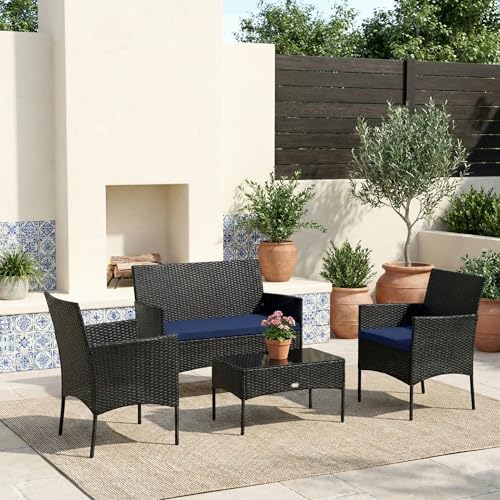 Image of OUTLIVING Outdoor 4 Seater Sofa Set || Patio Furniture Sets || Balcony Sofa || Indoor Sofa || Wicker Rattan Garden Sofa Set with Cushion and Center Table (Black /Navy Blue)