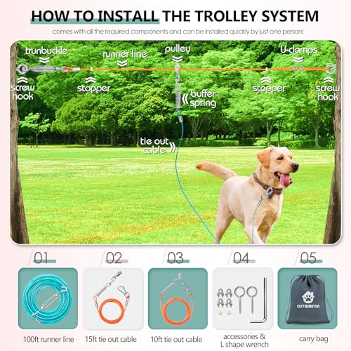 Professional Dog Runner Trolley System，Heavy Duty & Adjustable 100ft Dog Zip Line with 10ft & 15ft Tie Out for Large Dogs Up to 250lbs, Chew Proof Dog Run Cable for Yard, Camping & Outdoor Adventure by CJYMMFAN - Image 2