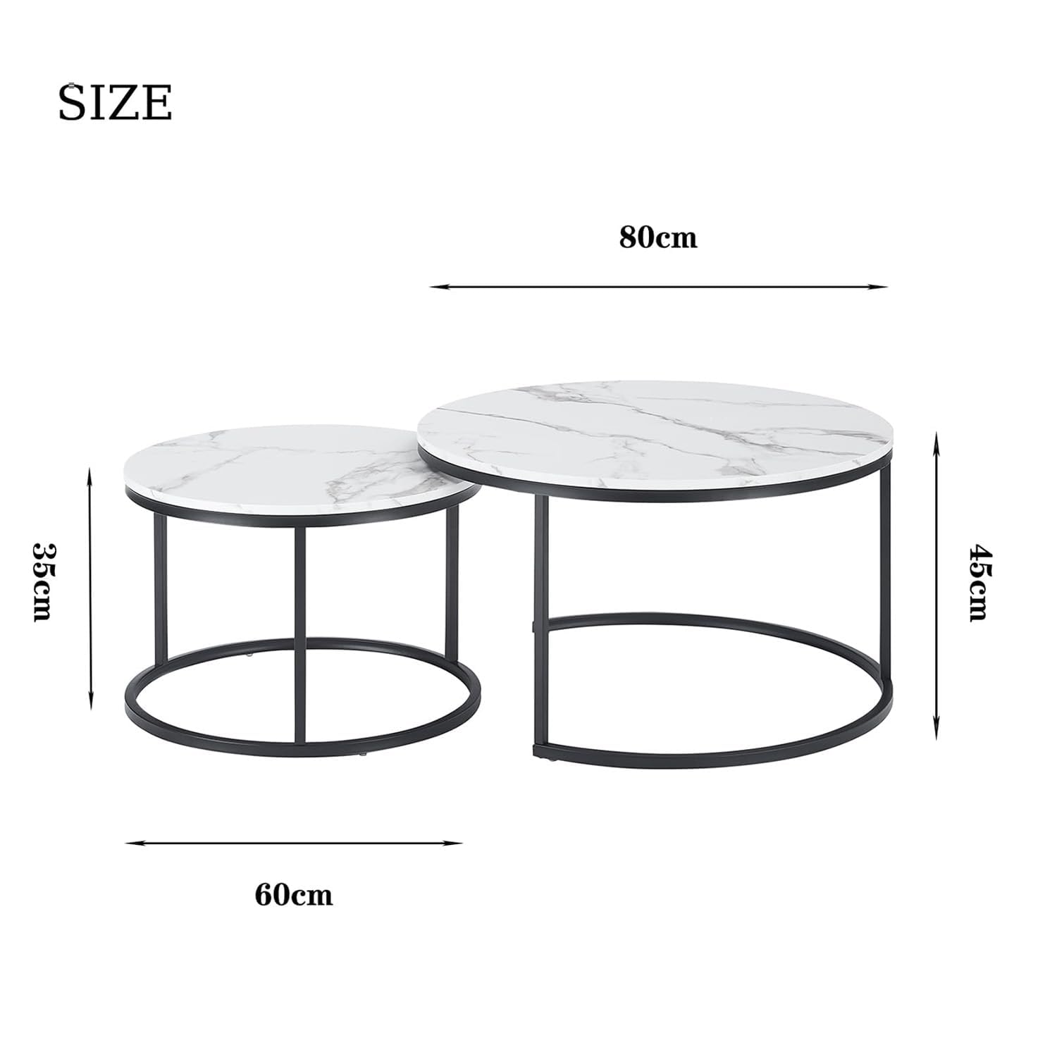Marmo effetto Tavolo Rotondo, Coffee Table cornice nera, Tavolino da Salotto Moderno, set di 2 pezzi da Tavolino Salotto Bianco