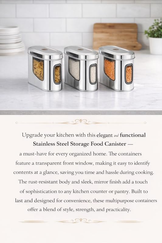Image of Stainless Steel Capsule Food Canisters /Jars /Containers for Kitchen Storage with See Through Window - set of 3, 1350 ml capacity, 9 cm Diameter, Silver