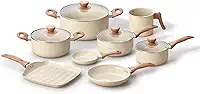 Oikos - Jogo com 8 Panelas Antiaderentes de Revestimento Cerâmica com Tampa de Vidro Terrara Bege com 5 Camadas para Fogão a Gás, Elétricos, Cerâmicos e Halogênio
