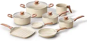 Oikos - Jogo com 8 Panelas Antiaderentes de Revestimento Cerâmica com Tampa de Vidro Terrara Bege com 5 Camadas para Fogão a Gás, Elétricos, Cerâmicos e Halogênio