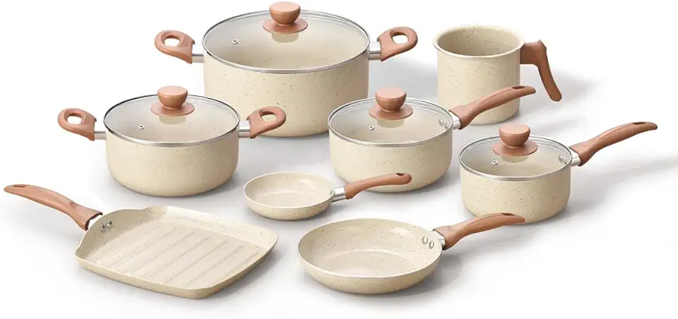 Oikos - Jogo com 8 Panelas Antiaderentes de Revestimento Cerâmica com Tampa de Vidro Terrara Bege com 5 Camadas para Fogão a Gás, Elétricos, Cerâmicos e Halogênio