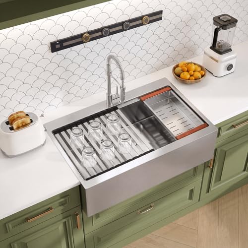 Rhbamoa 33 inch Stainless Steel Farmhouse Sink,16-Gauge T304 Stainless Steel Single Bowl Apron Front Kitchen Farm Sink,10 Inch Depth Topmount Farmhouse Kitchen Sinks with All Accessories