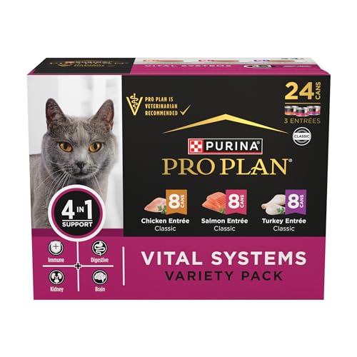 Purina Pro Plan Vital Systems Chicken, Turkey and Salmon Entree Wet Cat Food Variety Pack 4-in-1 Immune, Digestive, Kidney and Brain - (Pack of 24) 3 oz. Cans