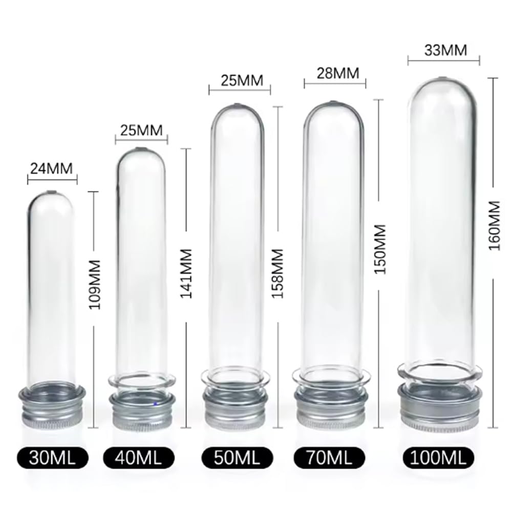 50 botellas de plástico PET vacías de tubo de ensayo cilíndrico transparente con tapa de aluminio de rosca para plantas, especias, caramelos, contenedores portátiles recargables (80 ml, plateado)